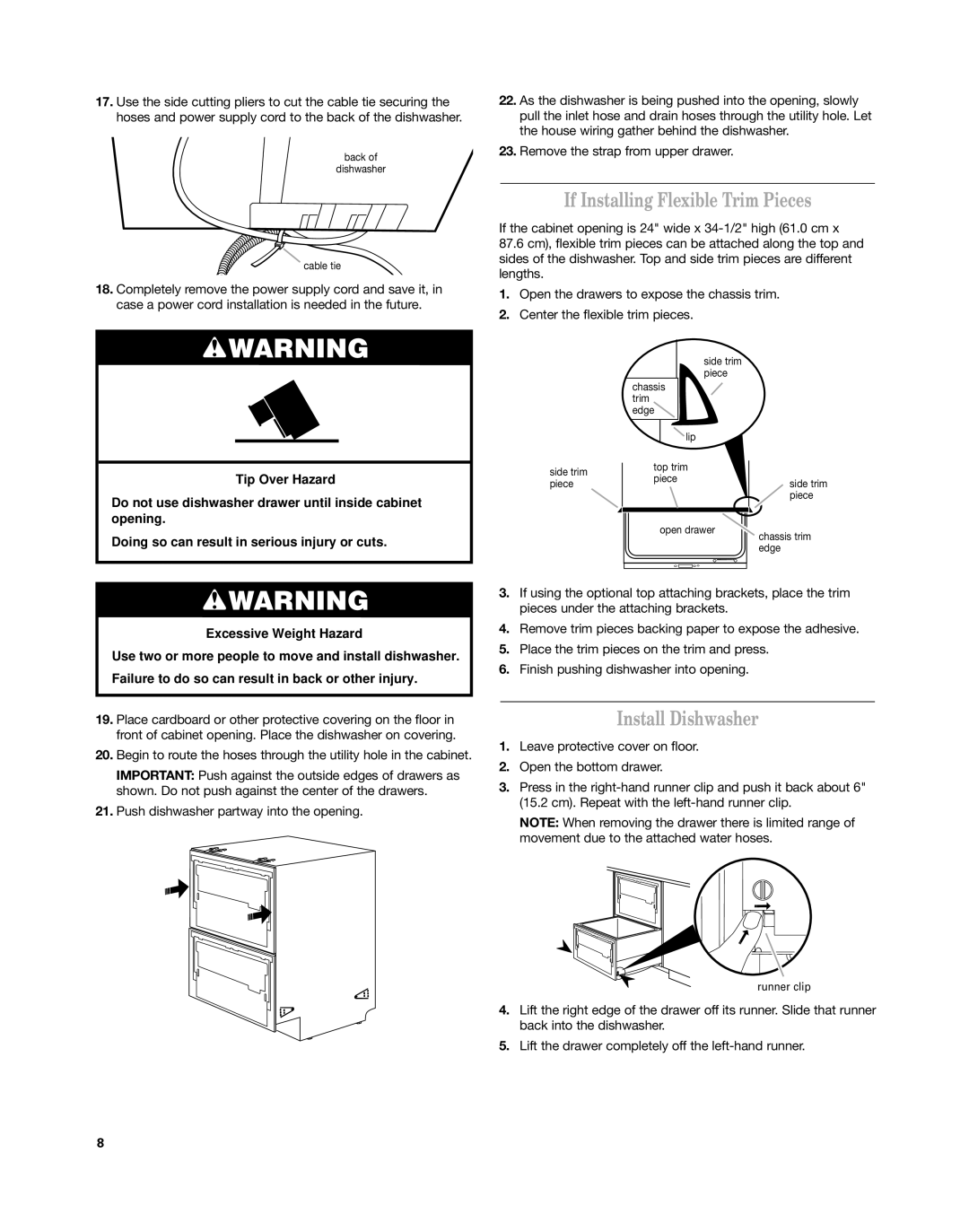 KitchenAid KUDD03DT installation instructions If Installing Flexible Trim Pieces, Install Dishwasher 