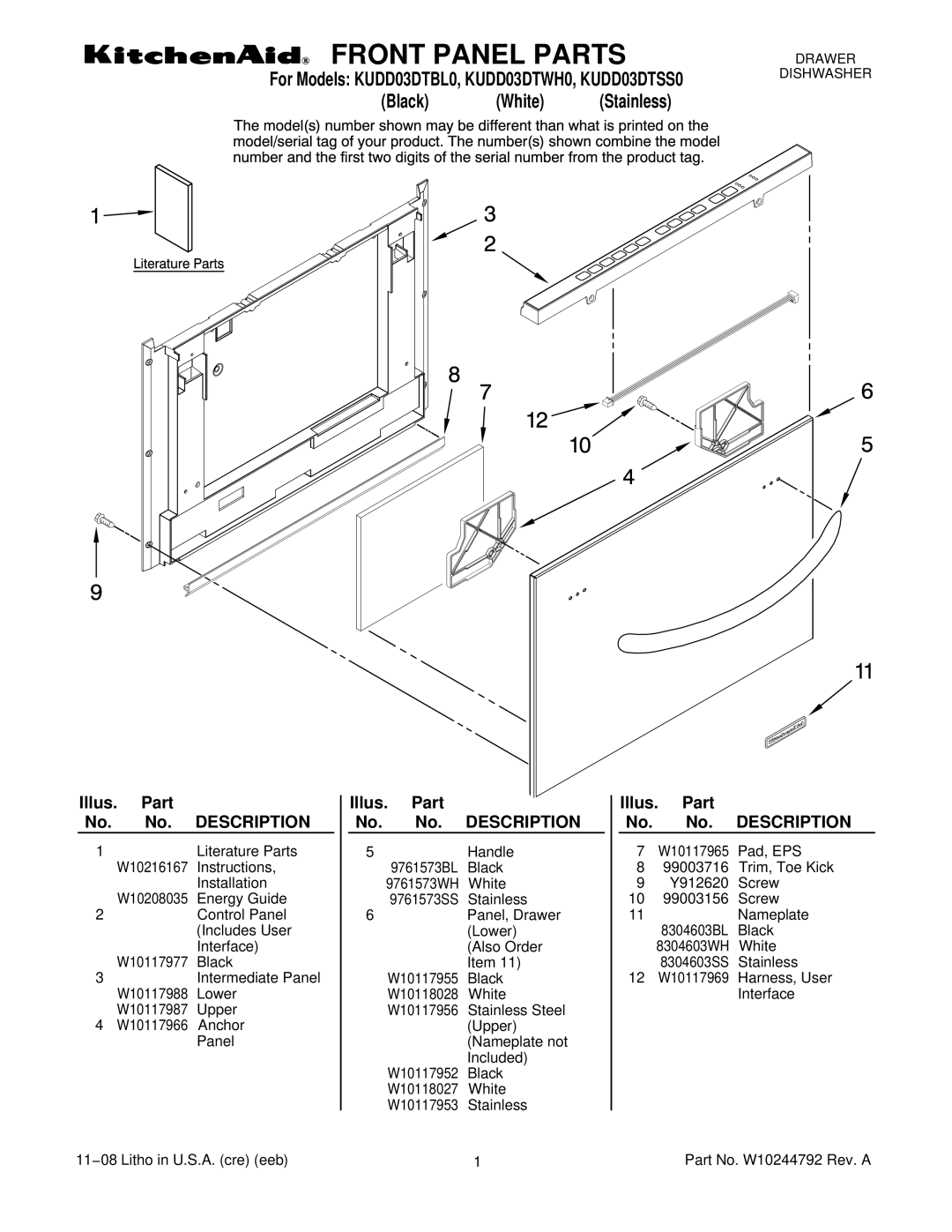 KitchenAid KUDD03DTWH0, KUDD03DTBL0, KUDD03DTSS0 manual Front Panel Parts, Illus. Part No. No. Description 