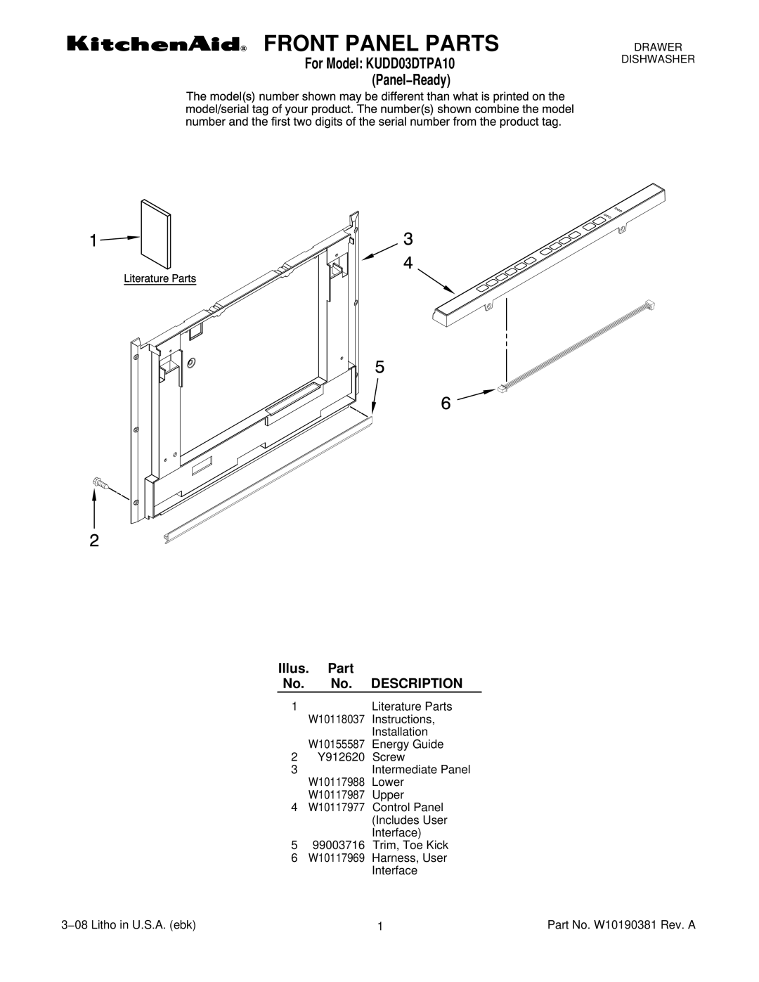 KitchenAid KUDD03DTPA10 manual Front Panel Parts, Illus. Part No. No. Description 