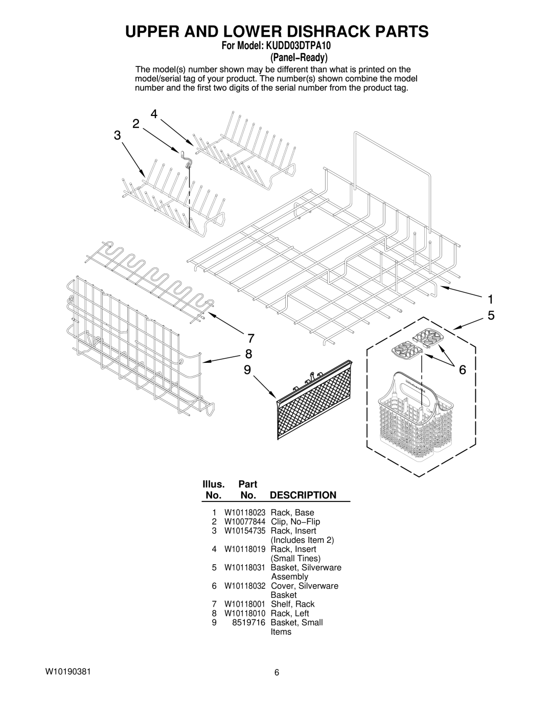 KitchenAid KUDD03DTPA10 manual Upper and Lower Dishrack Parts 