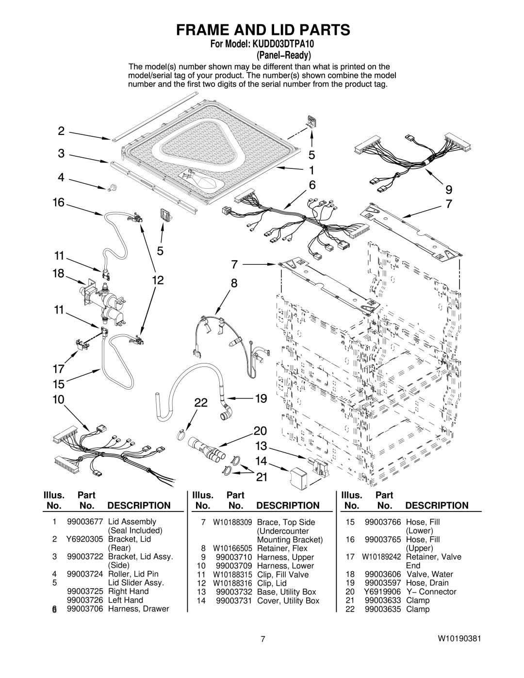 KitchenAid KUDD03DTPA10 manual Frame and LID Parts 