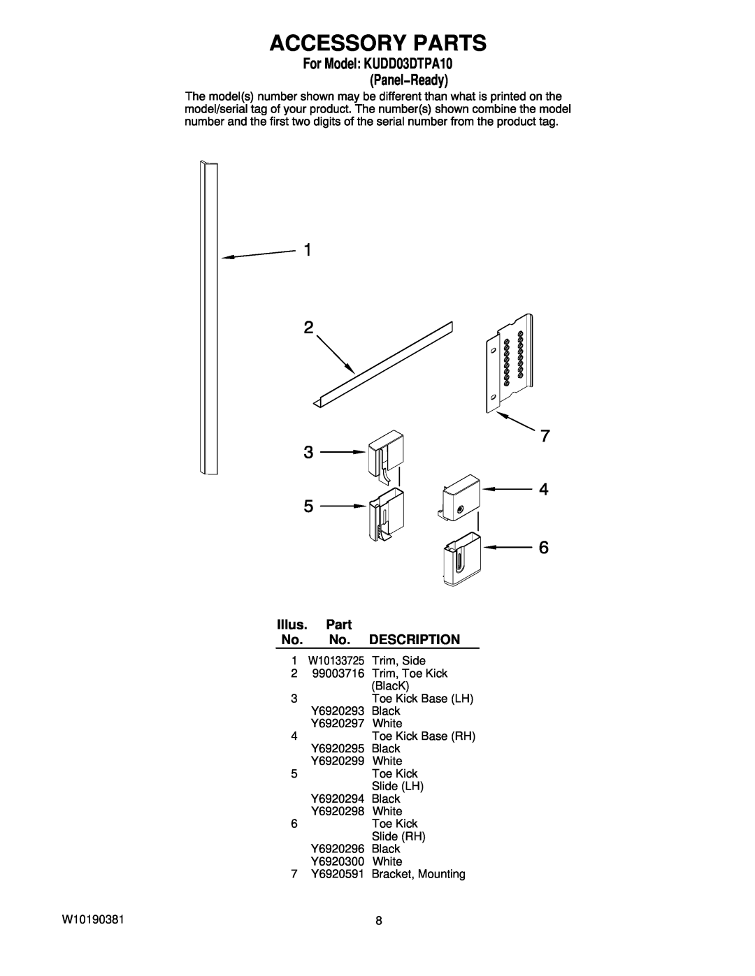 KitchenAid manual Accessory Parts, Illus. Part No. No. DESCRIPTION, For Model KUDD03DTPA10 Panel−Ready 