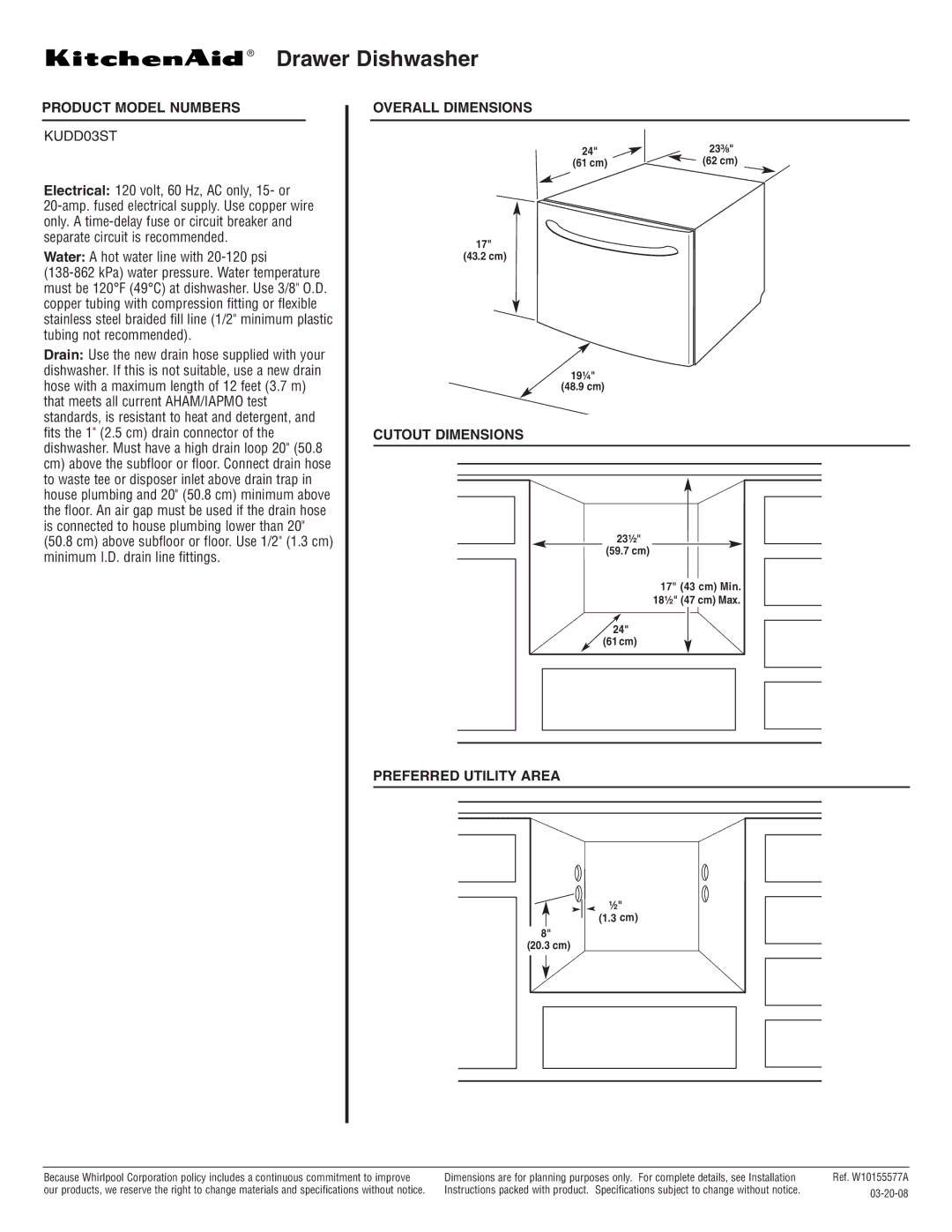 KitchenAid KUDD03ST dimensions Drawer Dishwasher, Product Model Numbers, Overall Dimensions, Cutout Dimensions 