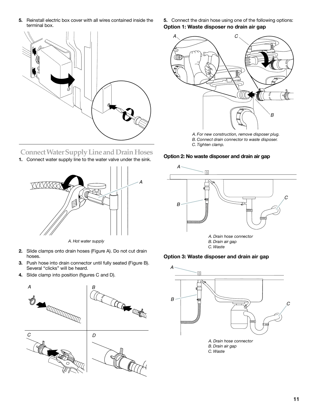 KitchenAid KUDD03STBL Connect Water Supply Line and Drain Hoses, Option 1 Waste disposer no drain air gap 