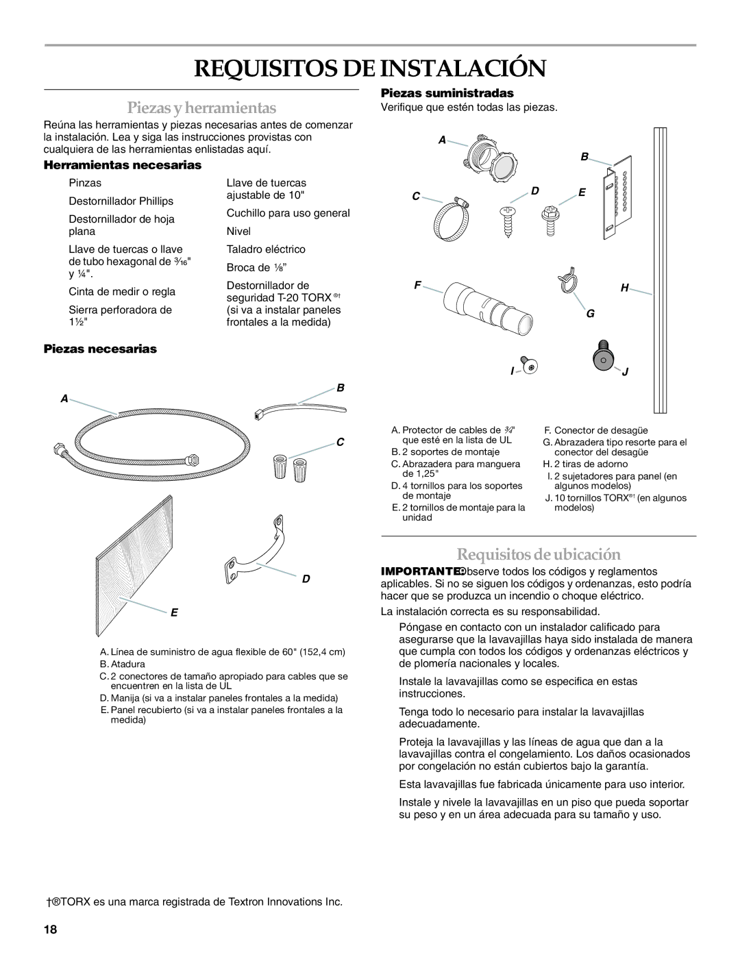 KitchenAid KUDD03STBL installation instructions Requisitos DE Instalación, Piezas y herramientas, Requisitos de ubicación 