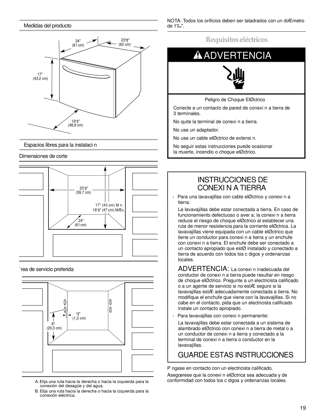 KitchenAid KUDD03STBL installation instructions Requisitos eléctricos, Medidas del producto, Área de servicio preferida 