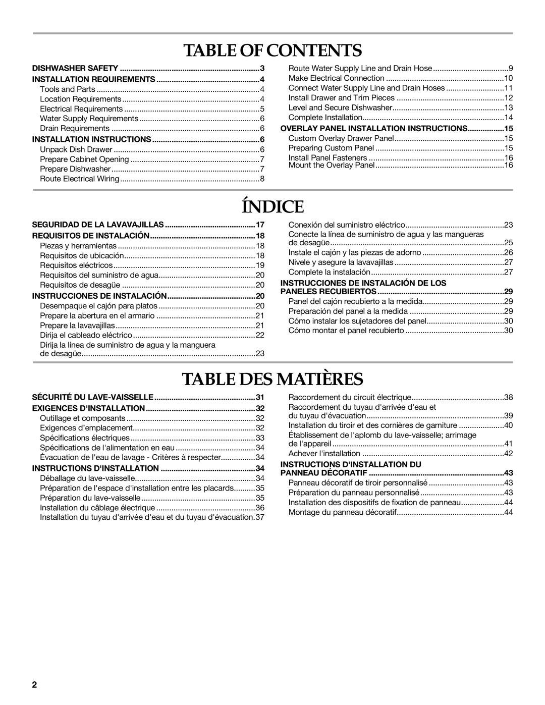 KitchenAid KUDD03STBL installation instructions Table of Contents, Índice, Table DES Matières 