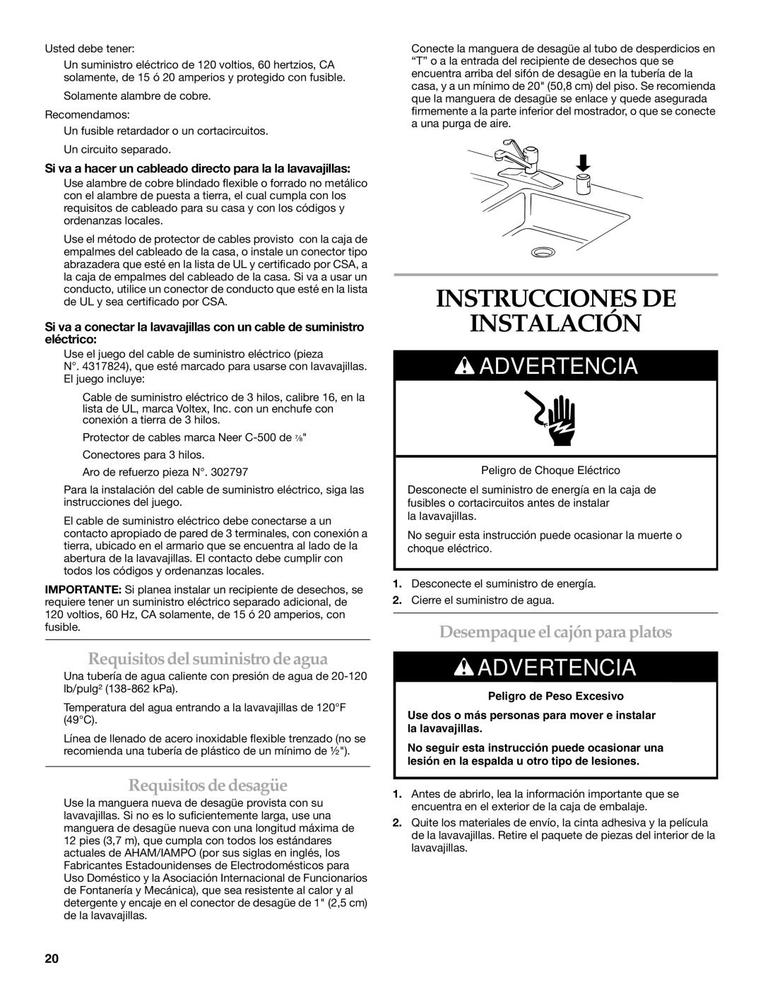 KitchenAid KUDD03STBL Instrucciones DE Instalación, Requisitos del suministro de agua, Requisitos de desagüe 