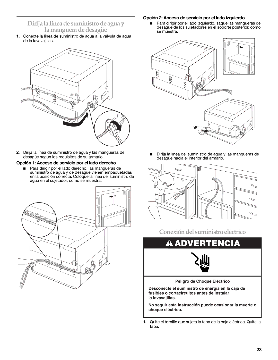 KitchenAid KUDD03STBL Conexión del suministro eléctrico, Opción 1 Acceso de servicio por el lado derecho 