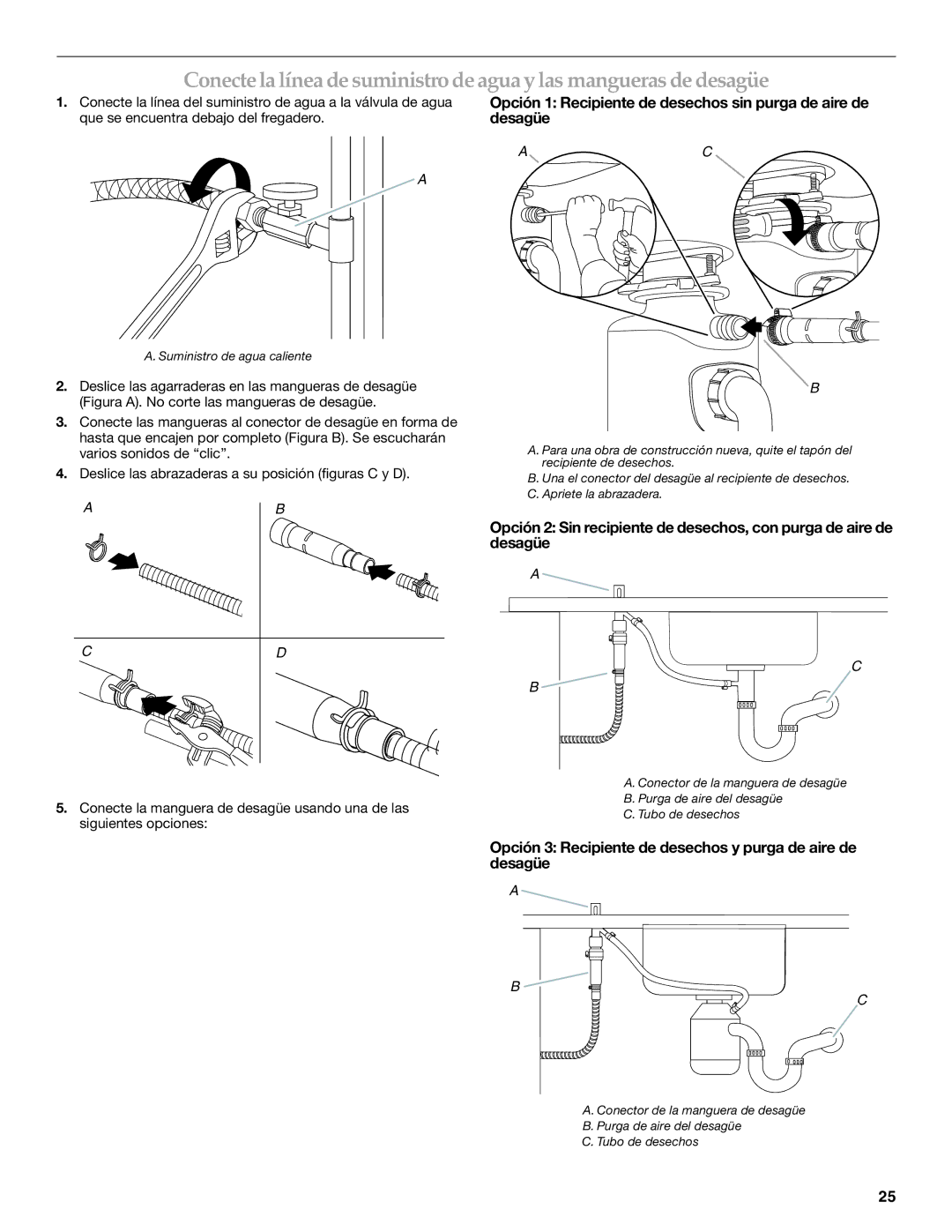 KitchenAid KUDD03STBL installation instructions Opción 1 Recipiente de desechos sin purga de aire de desagüe 