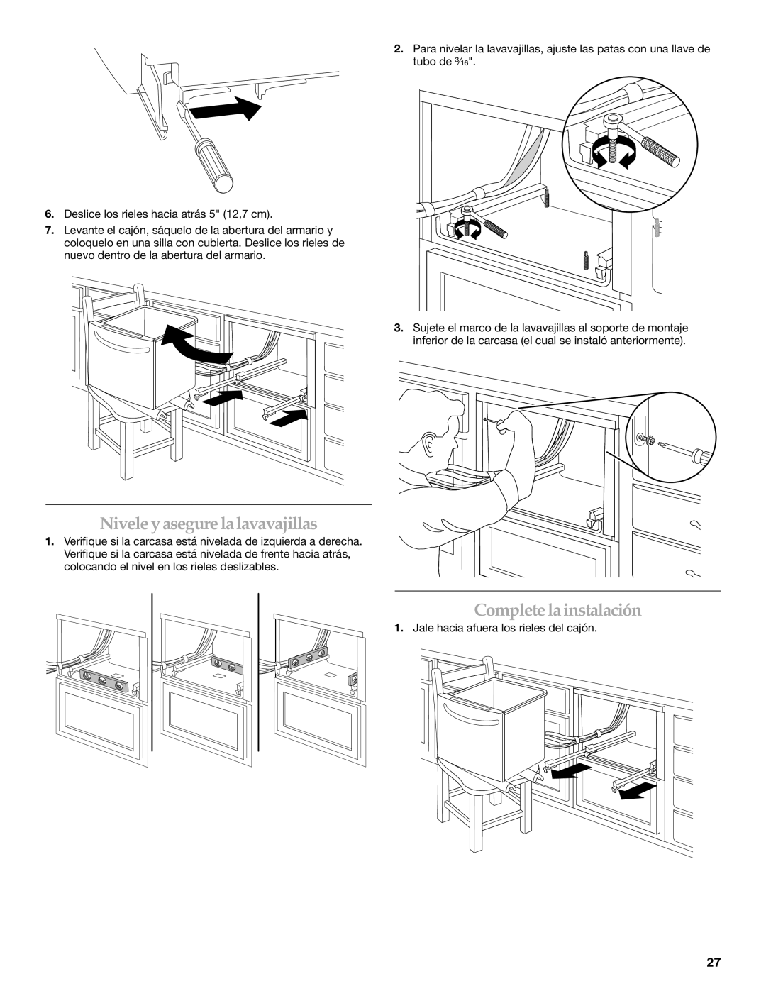 KitchenAid KUDD03STBL installation instructions Nivele y asegure la lavavajillas, Complete la instalación 