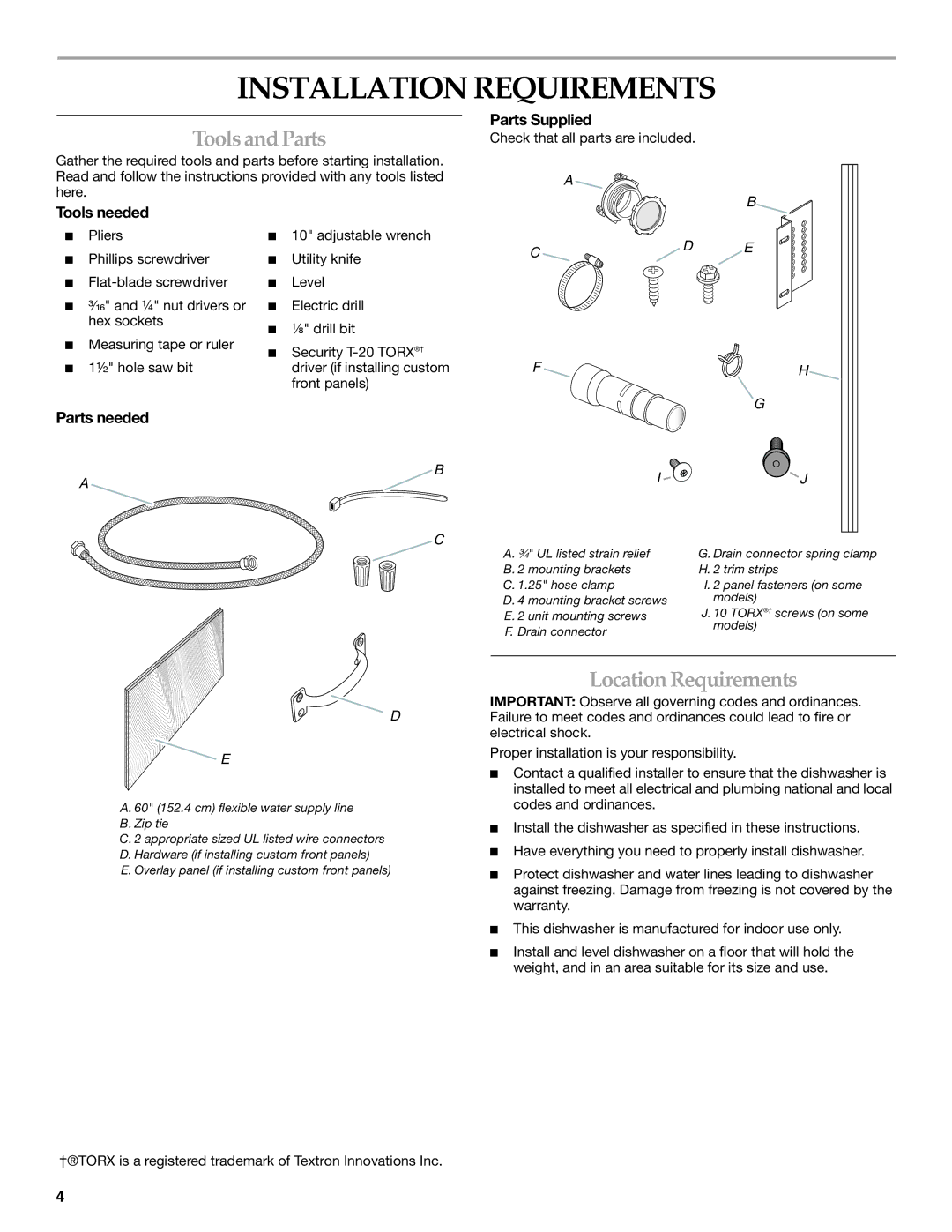 KitchenAid KUDD03STBL installation instructions Installation Requirements, Tools and Parts, Location Requirements 