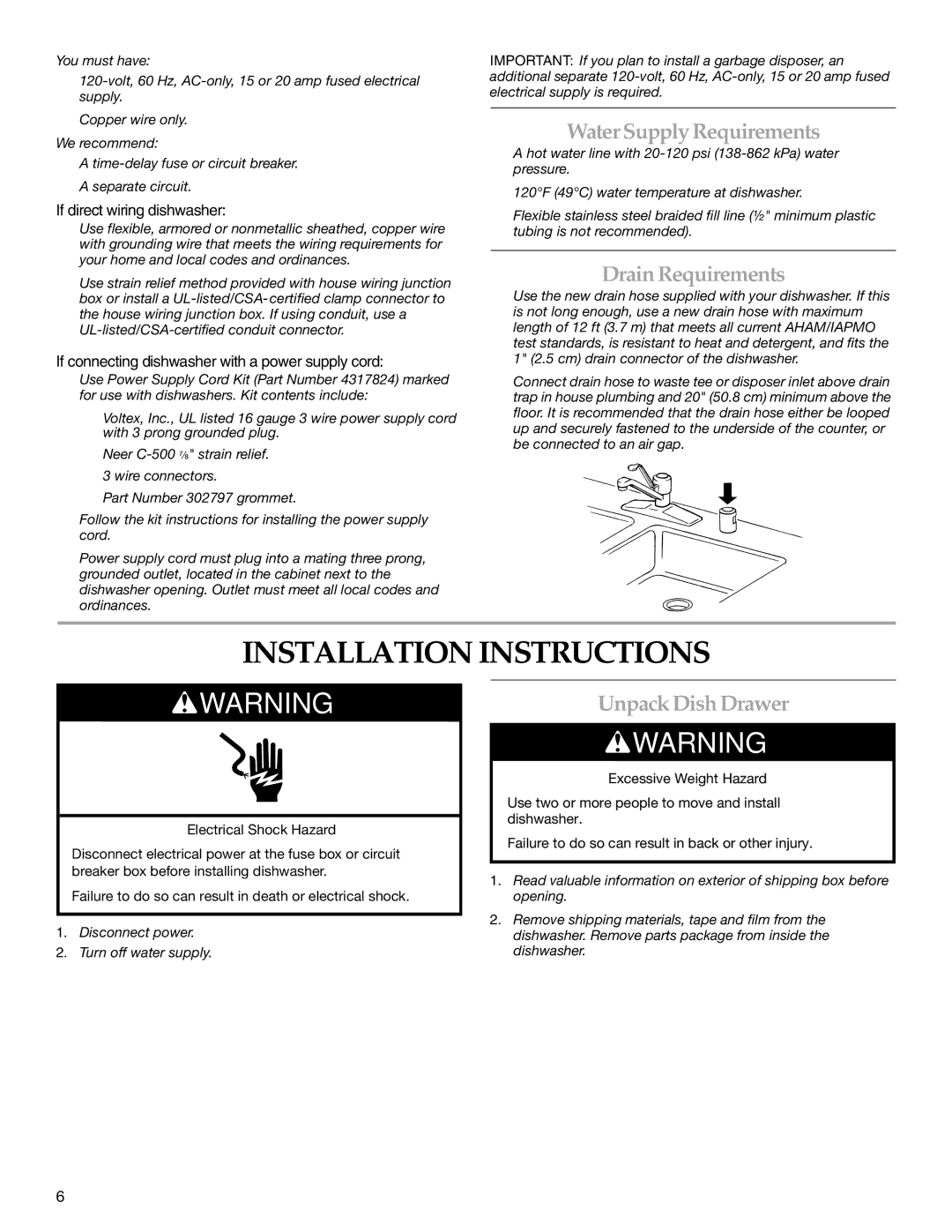 KitchenAid KUDD03STBL Installation Instructions, Water Supply Requirements, Drain Requirements, Unpack Dish Drawer 