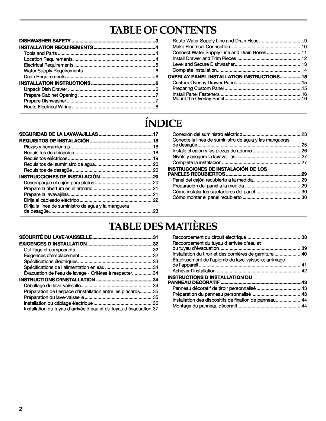 KitchenAid KUDD03STBL Table Of Contents, Índice, Table Des Matières, Dishwasher Safety, Installation Requirements 
