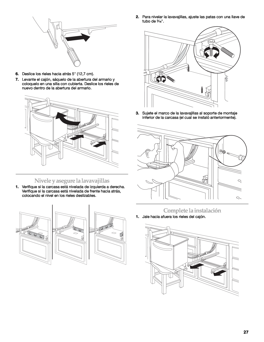 KitchenAid KUDD03STBL installation instructions Nivele y asegure la lavavajillas, Complete la instalación 