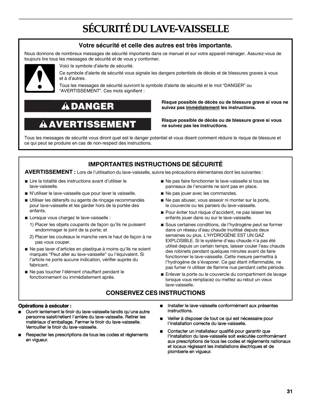 KitchenAid KUDD03STBL Sécurité Du Lave-Vaisselle, Danger Avertissement, Importantes Instructions De Sécurité 