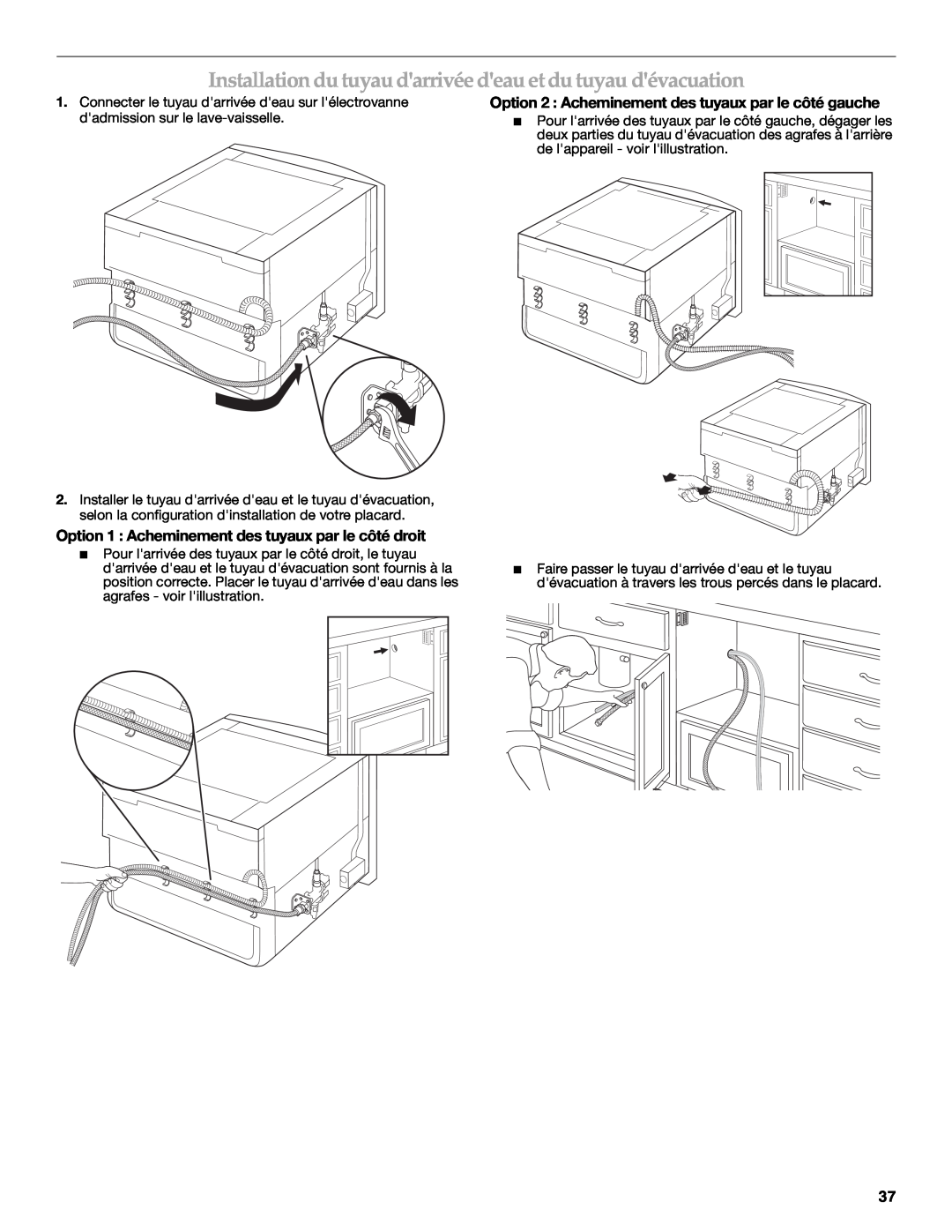 KitchenAid KUDD03STBL installation instructions Installation du tuyau darrivée deau et du tuyau dévacuation 