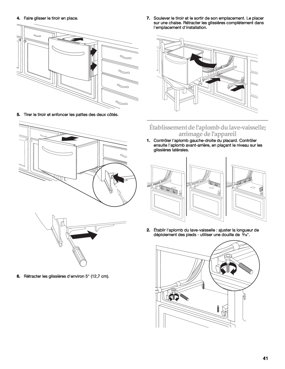 KitchenAid KUDD03STBL installation instructions Établissement de laplomb du lave-vaisselle arrimage de lappareil 