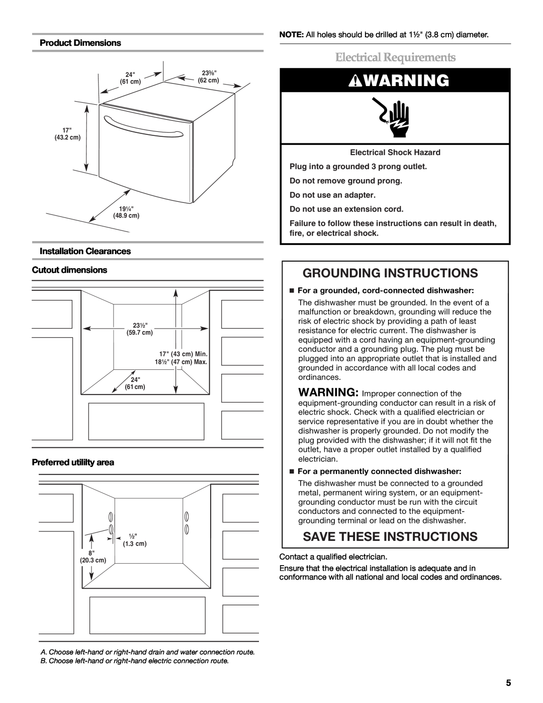 KitchenAid KUDD03STBL Electrical Requirements, Grounding Instructions, Save These Instructions, Product Dimensions 