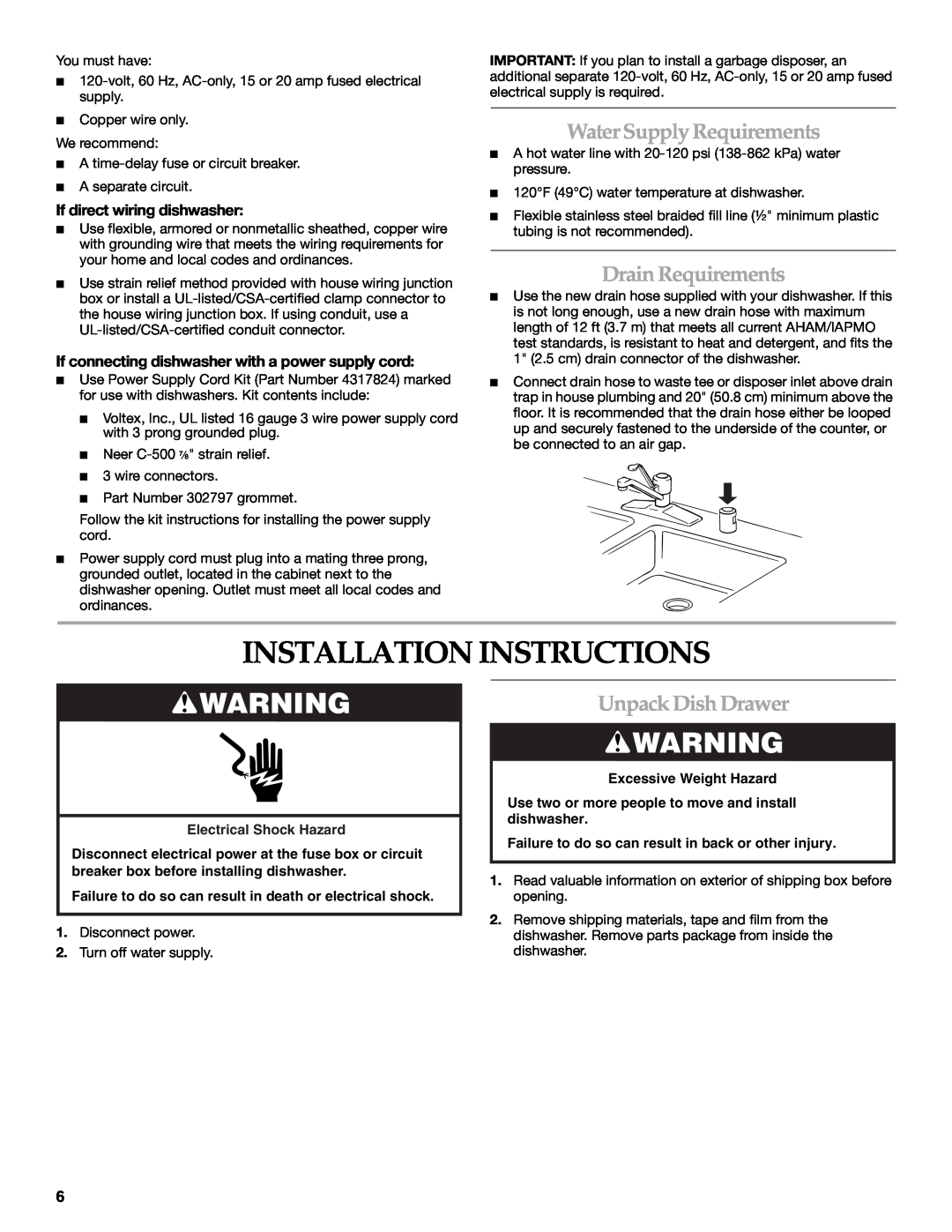 KitchenAid KUDD03STBL Installation Instructions, Water Supply Requirements, Drain Requirements, Unpack Dish Drawer 