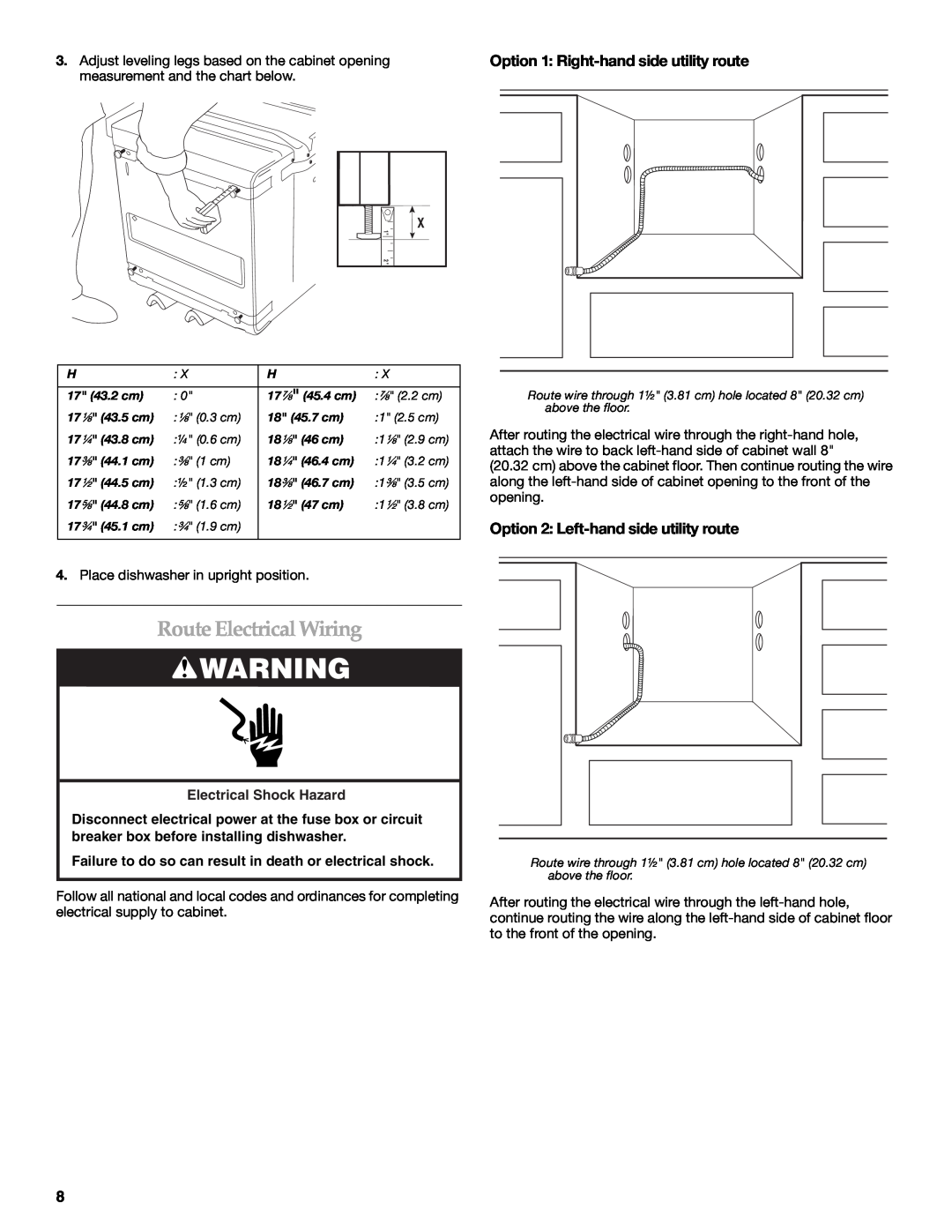 KitchenAid KUDD03STBL Route Electrical Wiring, Option 1 Right-hand side utility route, Electrical Shock Hazard 