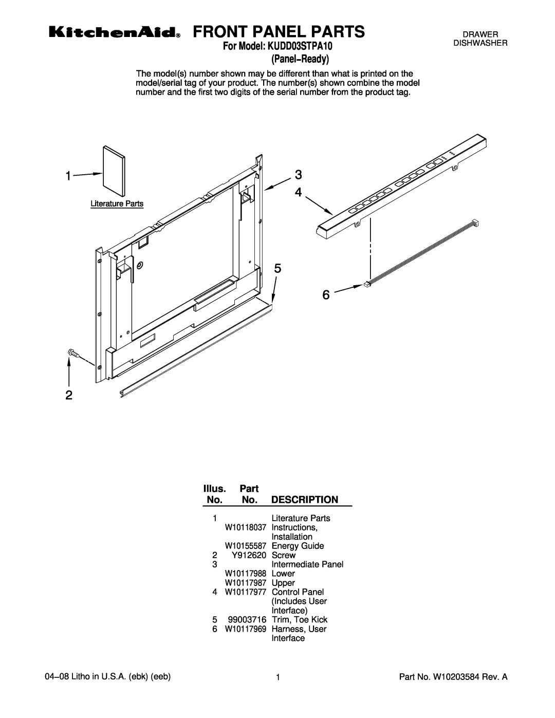 KitchenAid KUDD03STPA10 manual Front Panel Parts, Illus. Part No. No. DESCRIPTION 