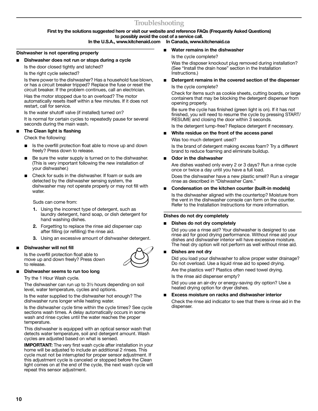 KitchenAid KUDE03FTBL warranty Troubleshooting 