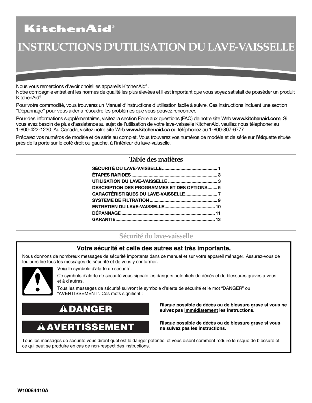 KitchenAid KUDE03FTBL warranty Instructions Dutilisation DU LAVE-VAISSELLE, Sécurité du lave-vaisselle 