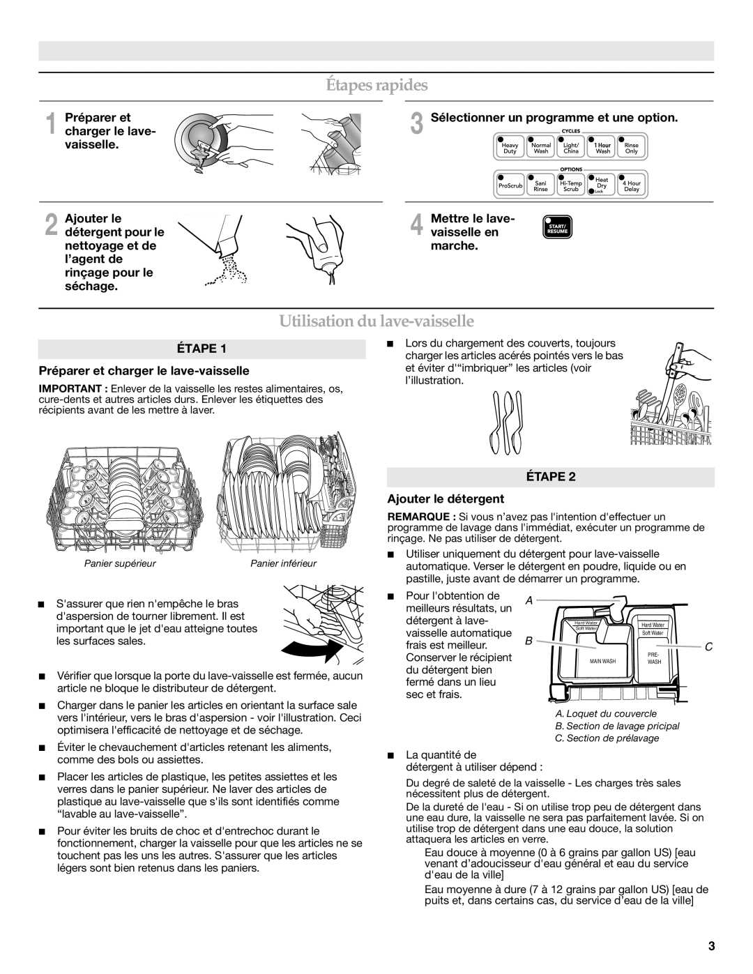 KitchenAid KUDE03FTBL warranty Étapes rapides, Utilisation du lave-vaisselle, Préparer et charger le lave-vaisselle 