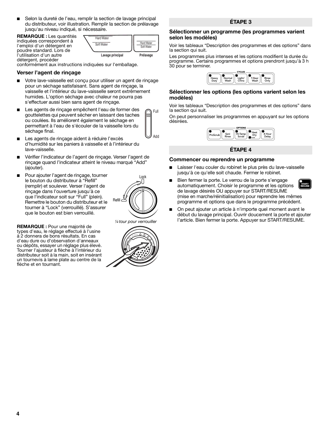 KitchenAid KUDE03FTBL warranty Verser l’agent de rinçage, Commencer ou reprendre un programme 