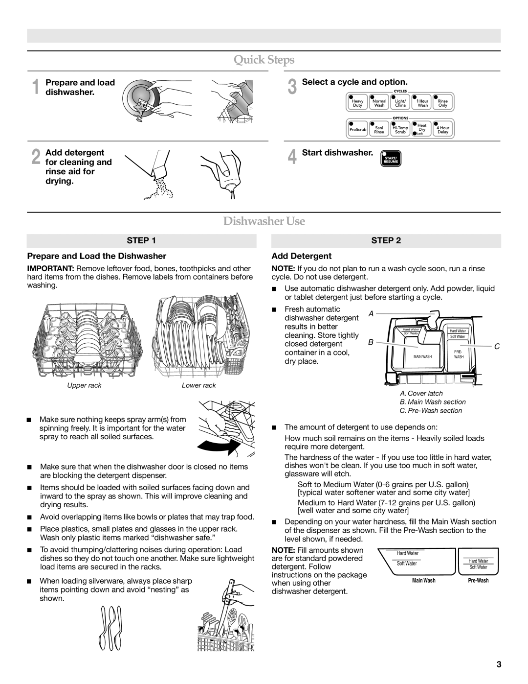 KitchenAid KUDE03FTBL warranty Quick Steps, Dishwasher Use, Prepare and load, Prepare and Load the Dishwasher 