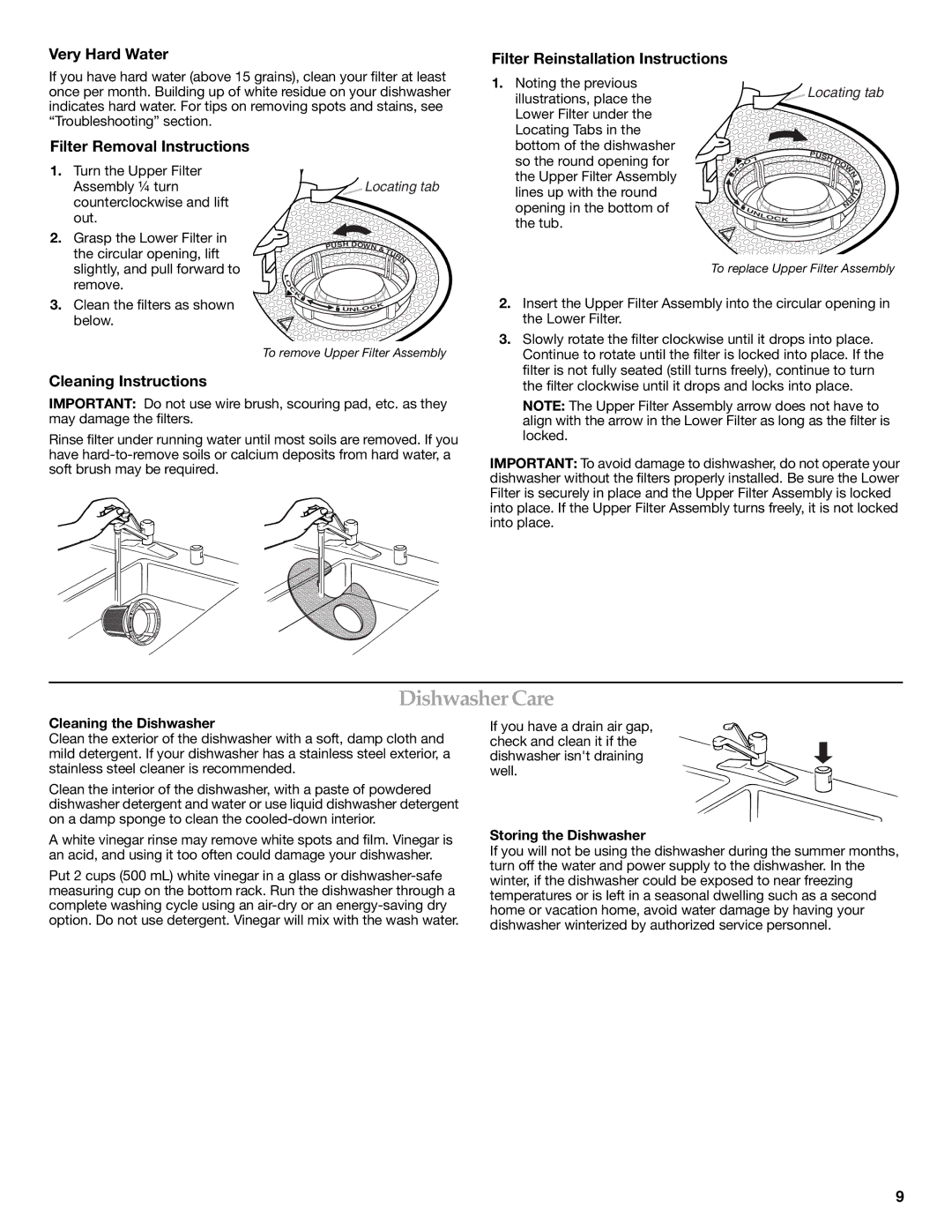 KitchenAid KUDE03FTBL Dishwasher Care, Very Hard Water Filter Reinstallation Instructions, Filter Removal Instructions 