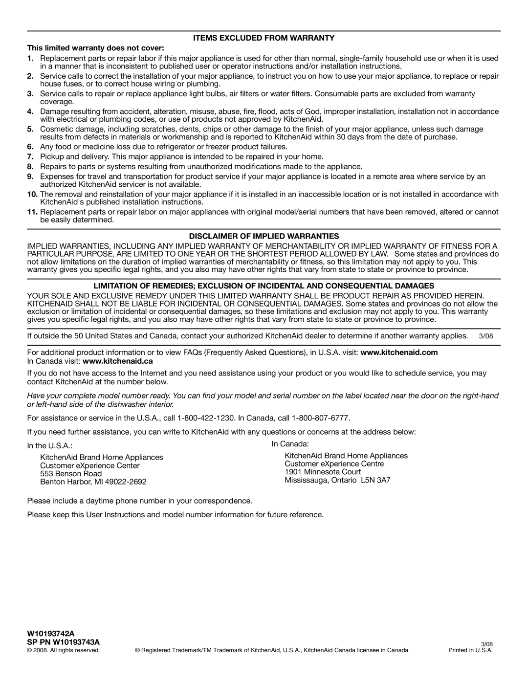 KitchenAid KUDE03FTSS Items Excluded from Warranty, This limited warranty does not cover, Disclaimer of Implied Warranties 