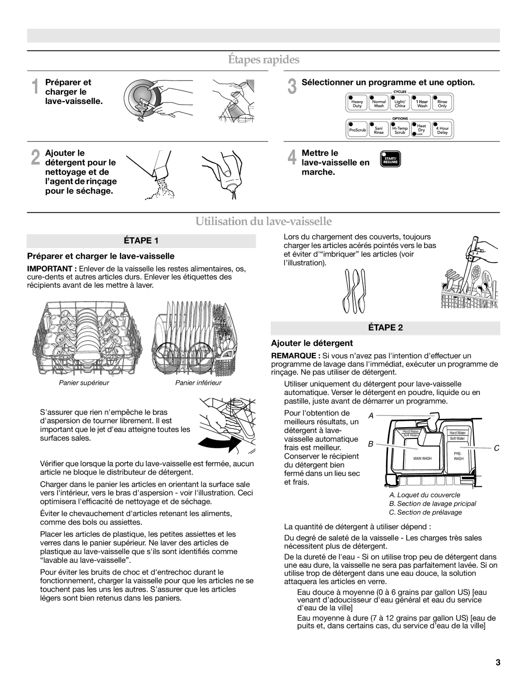 KitchenAid KUDE03FTSS warranty Étapes rapides, Utilisation du lave-vaisselle 