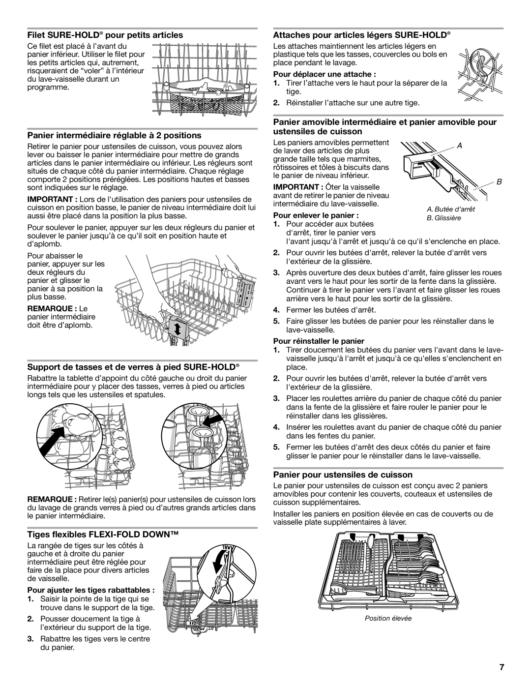 KitchenAid KUDE03FTSS warranty Filet SURE-HOLDpour petits articles, Panier intermédiaire réglable à 2 positions 