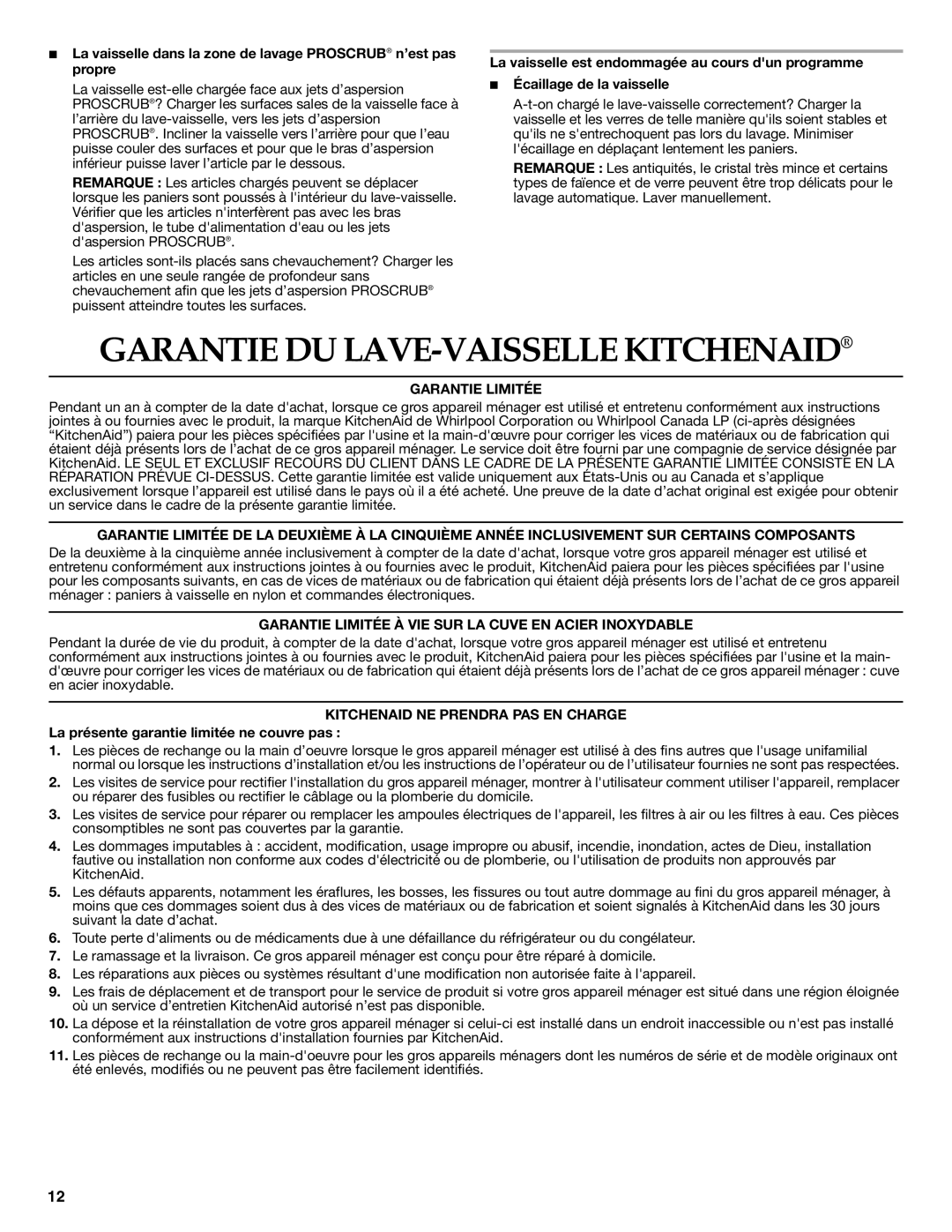 KitchenAid KUDE03FTSS Garantie Limitée À VIE SUR LA Cuve EN Acier Inoxydable, Kitchenaid NE Prendra PAS EN Charge 