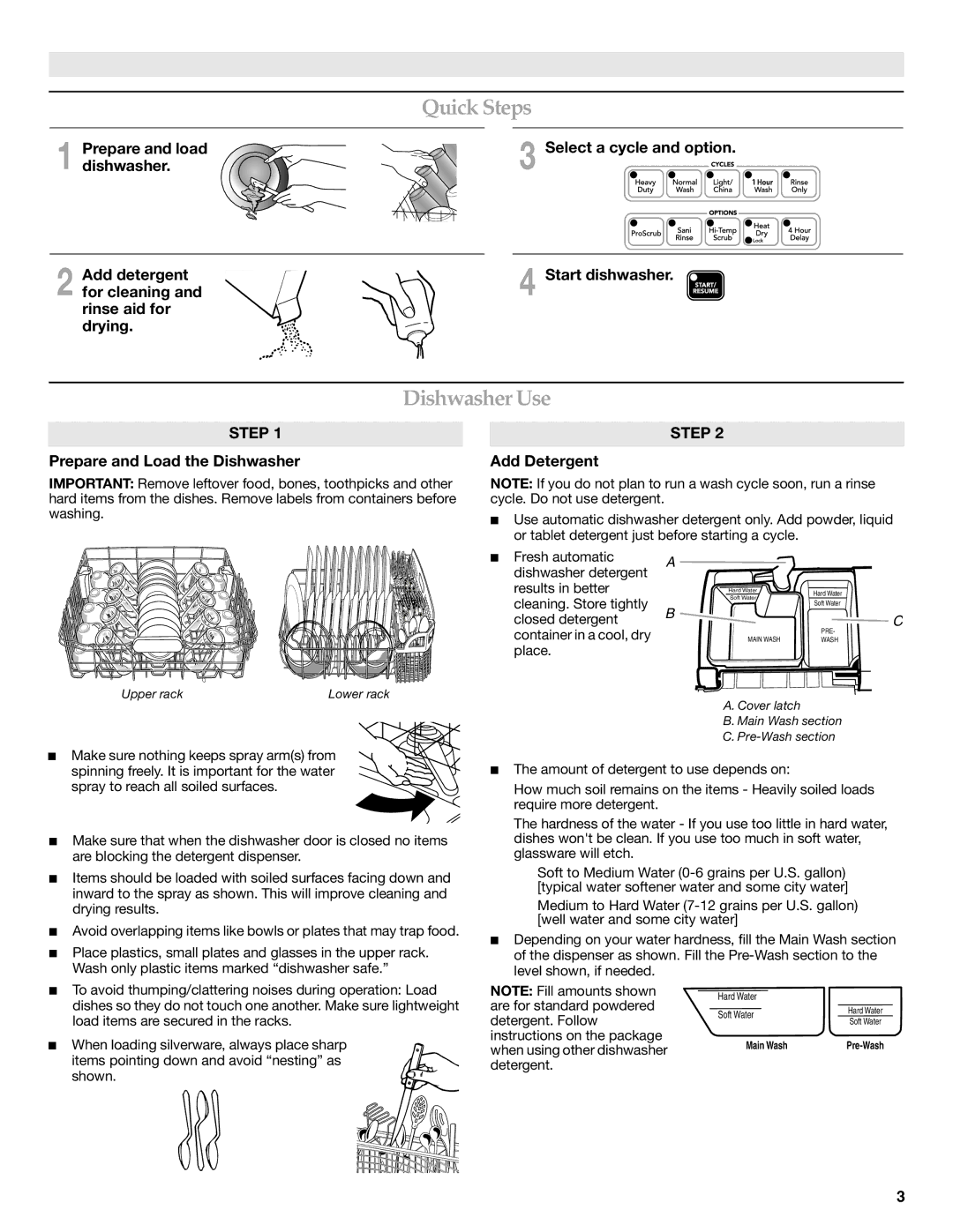 KitchenAid KUDE03FTSS warranty Quick Steps, Dishwasher Use, Prepare and load, Prepare and Load the Dishwasher 