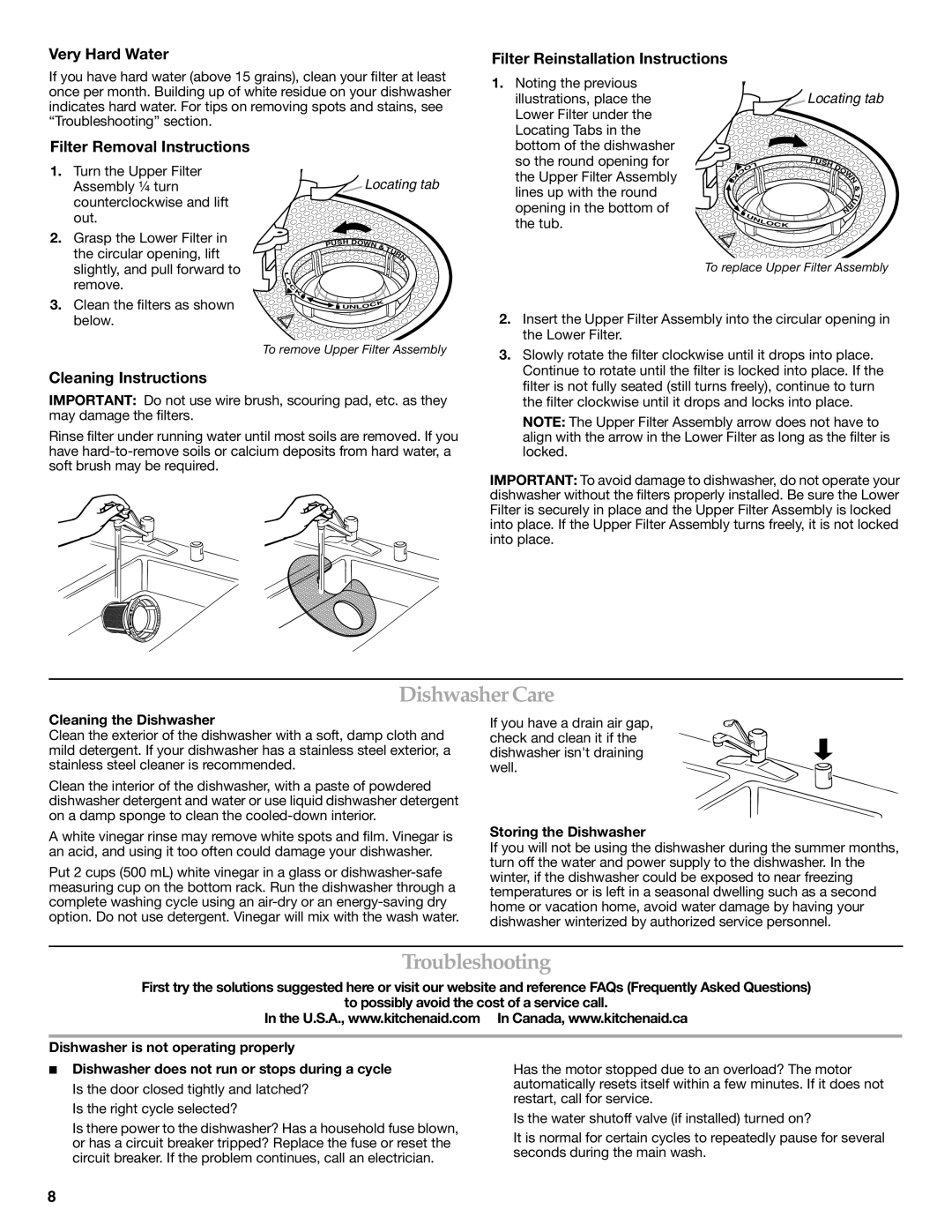 KitchenAid KUDE03FTSS warranty Dishwasher Care, Troubleshooting, Very Hard Water Filter Reinstallation Instructions 