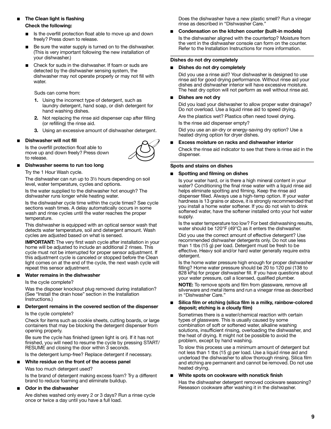 KitchenAid KUDE03FTSS Clean light is flashing Check the following, Dishwasher will not fill, Odor in the dishwasher 