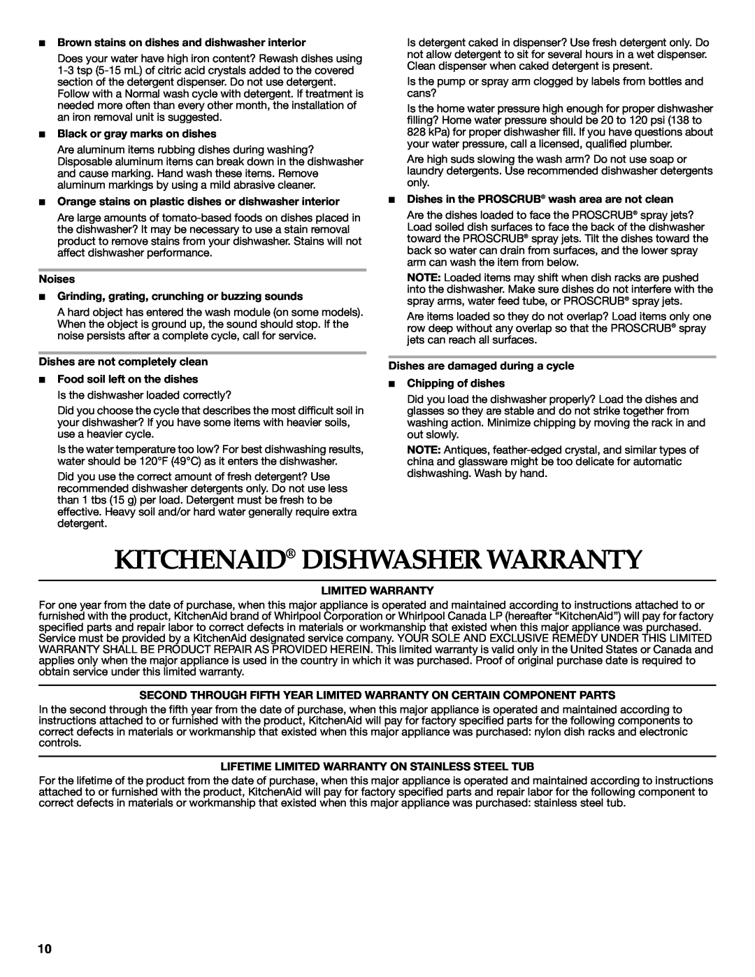 KitchenAid KUDE03FTSS Kitchenaid Dishwasher Warranty, Brown stains on dishes and dishwasher interior, Limited Warranty 