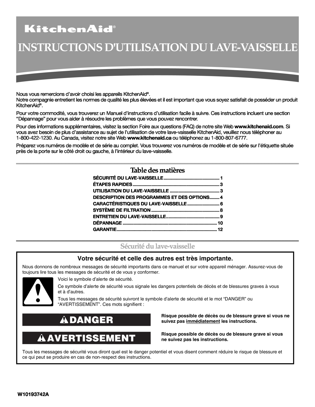 KitchenAid KUDE03FTSS Instructions Dutilisation Du Lave-Vaisselle, Danger Avertissement, Table des matières, W10193742A 