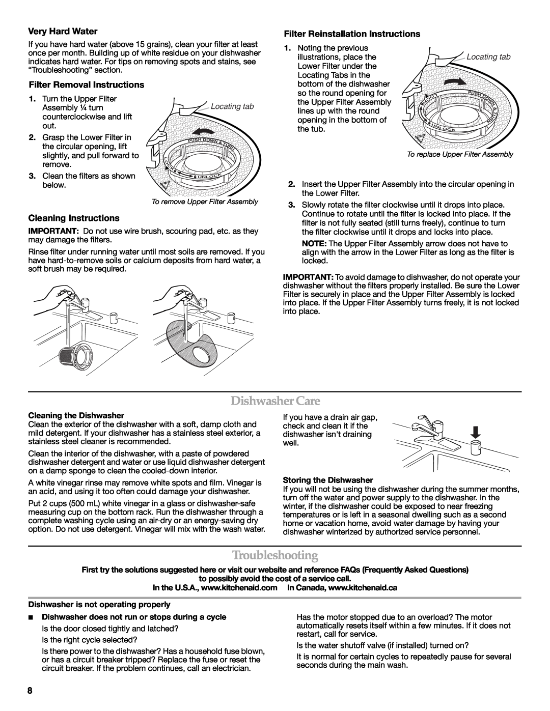 KitchenAid KUDE03FTSS Dishwasher Care, Troubleshooting, Very Hard Water, Filter Reinstallation Instructions, Locating tab 