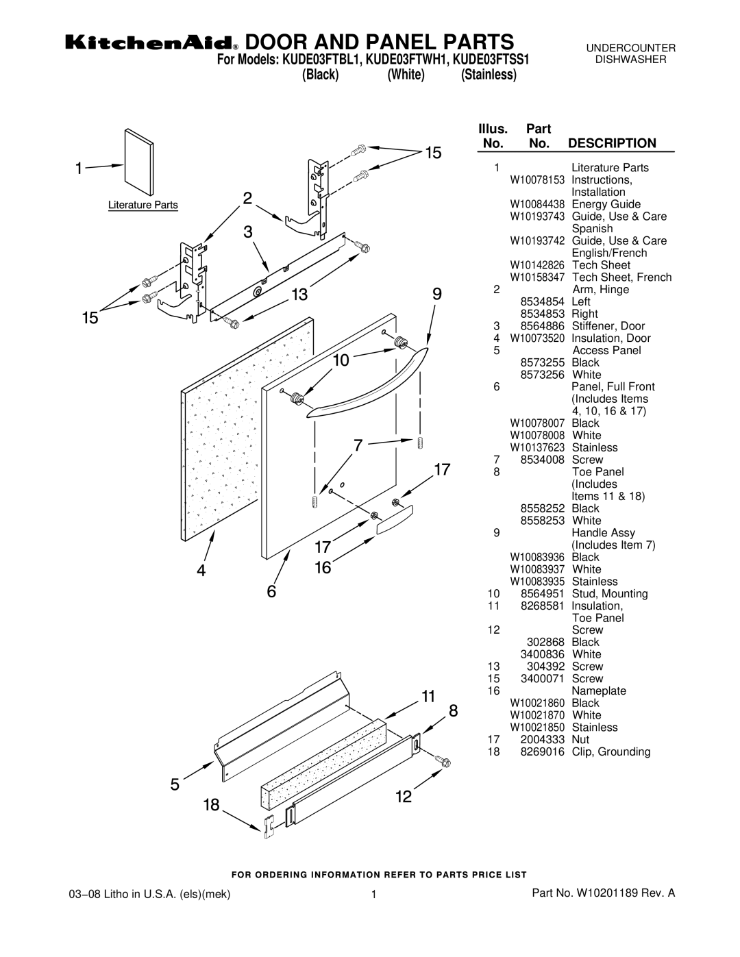 KitchenAid KUDE03FTBL1, KUDE03FTWH1, KUDE03FTSS1 manual Door and Panel Parts 