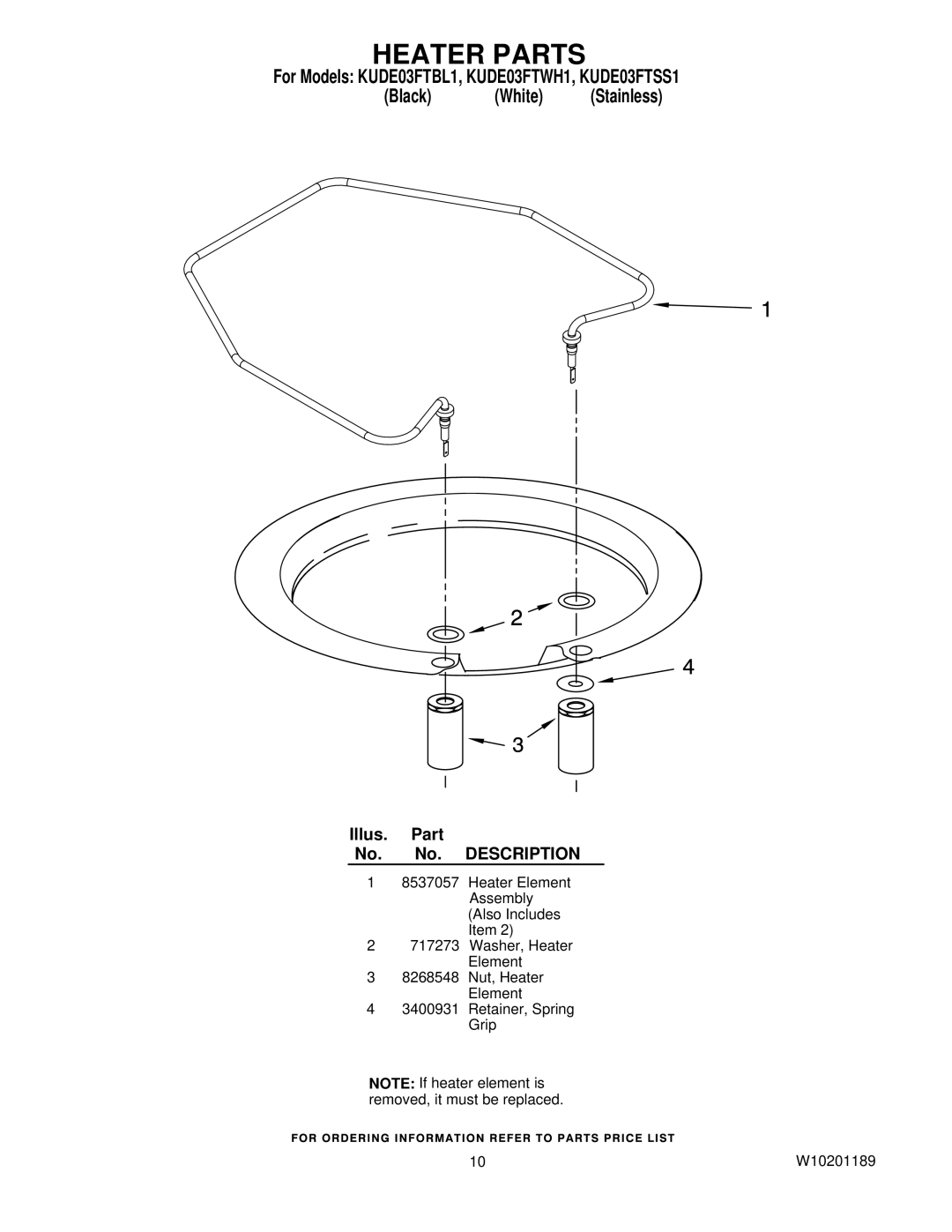 KitchenAid KUDE03FTBL1, KUDE03FTWH1, KUDE03FTSS1 manual Heater Parts 