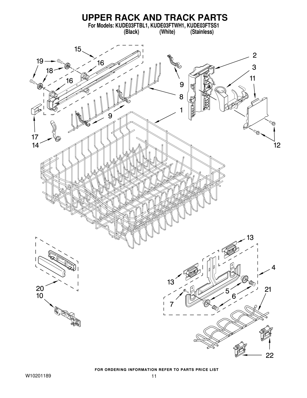 KitchenAid KUDE03FTSS1, KUDE03FTWH1, KUDE03FTBL1 manual Upper Rack and Track Parts 