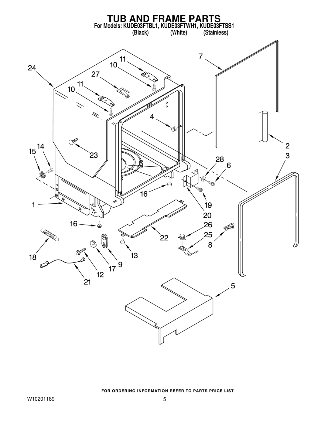 KitchenAid KUDE03FTSS1, KUDE03FTWH1, KUDE03FTBL1 manual TUB and Frame Parts 