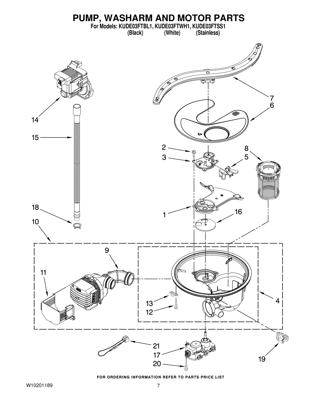 KitchenAid KUDE03FTBL1, KUDE03FTWH1, KUDE03FTSS1 manual PUMP, Washarm and Motor Parts 