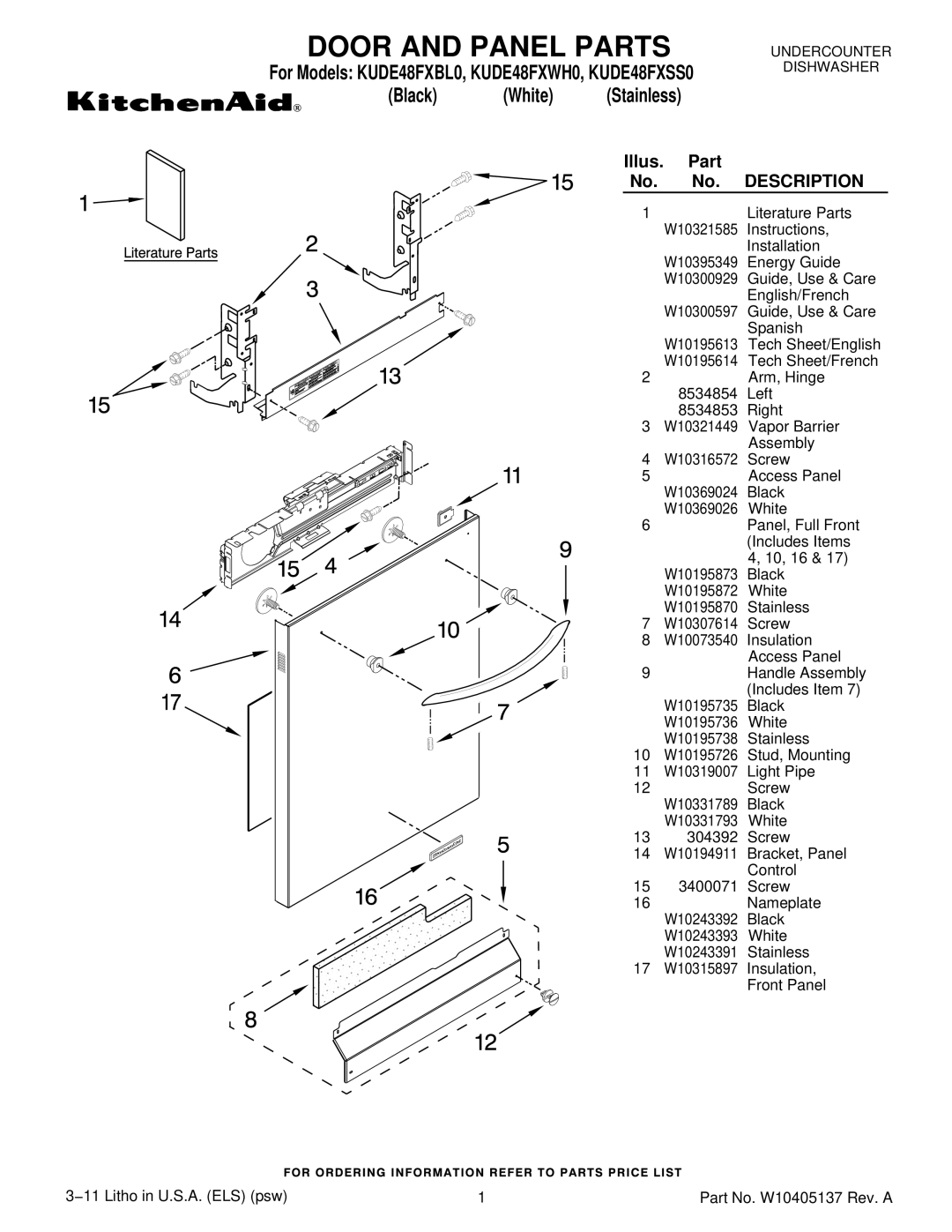 KitchenAid KUDE48FXBL0, KUDE48FXSS0, KUDE48FXWH0 manual Door and Panel Parts, Description 