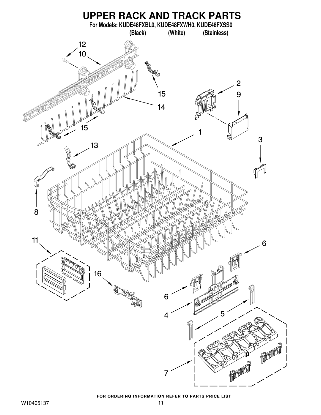 KitchenAid KUDE48FXWH0, KUDE48FXSS0, KUDE48FXBL0 manual Upper Rack and Track Parts 