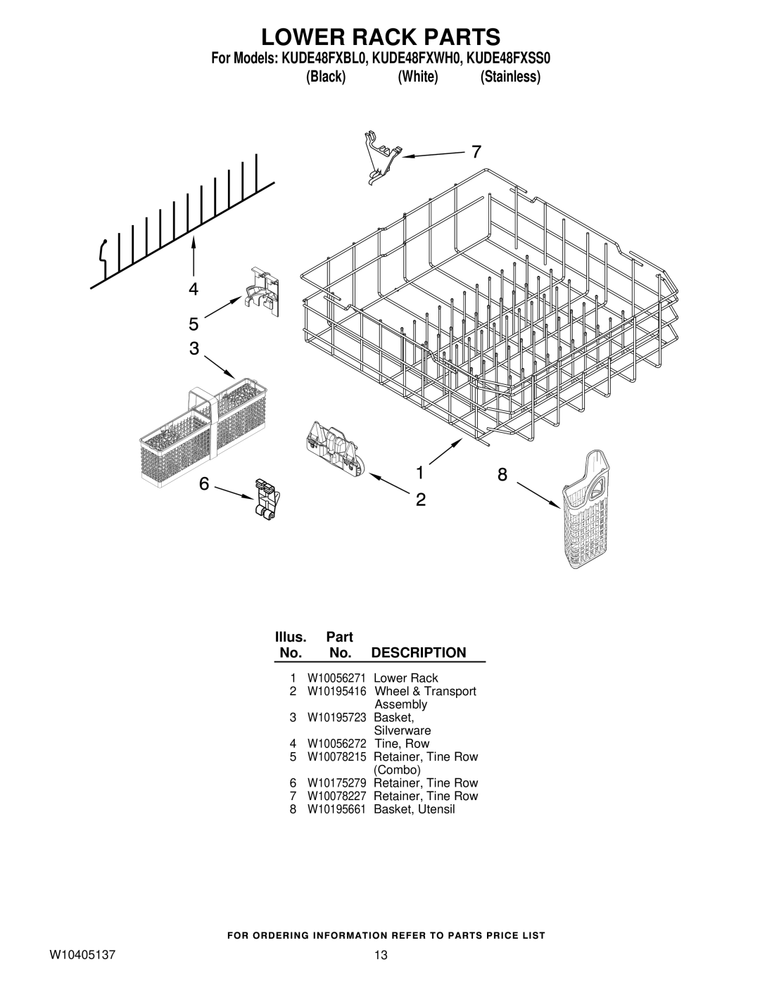 KitchenAid KUDE48FXBL0, KUDE48FXSS0, KUDE48FXWH0 manual Lower Rack Parts 